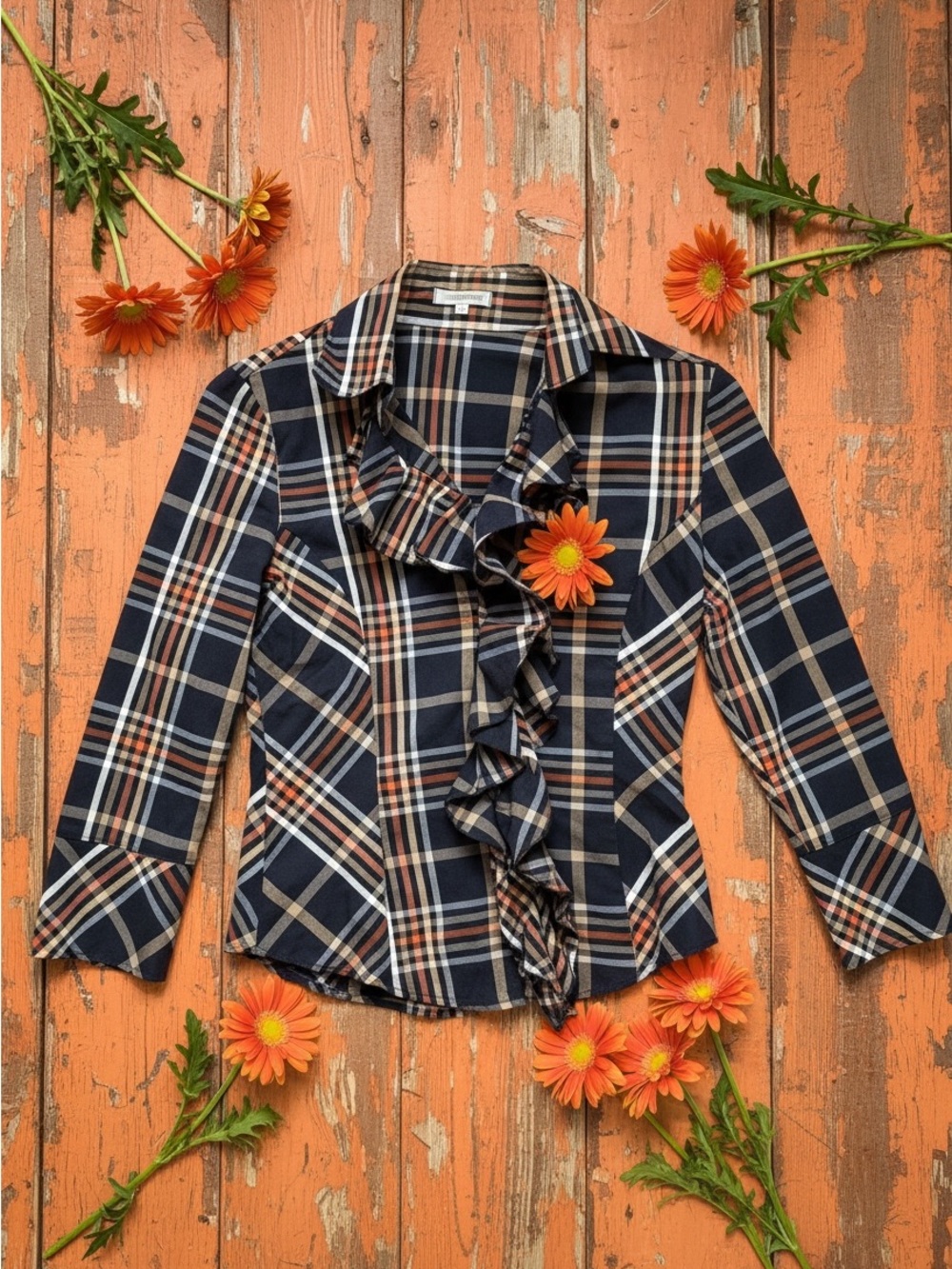 Naracamicie Navy Plaid Ruffle Button-Front Blouse